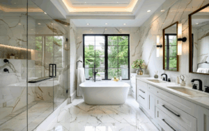 Luxurious bathroom with marble decor, perfect for a private London escort booking