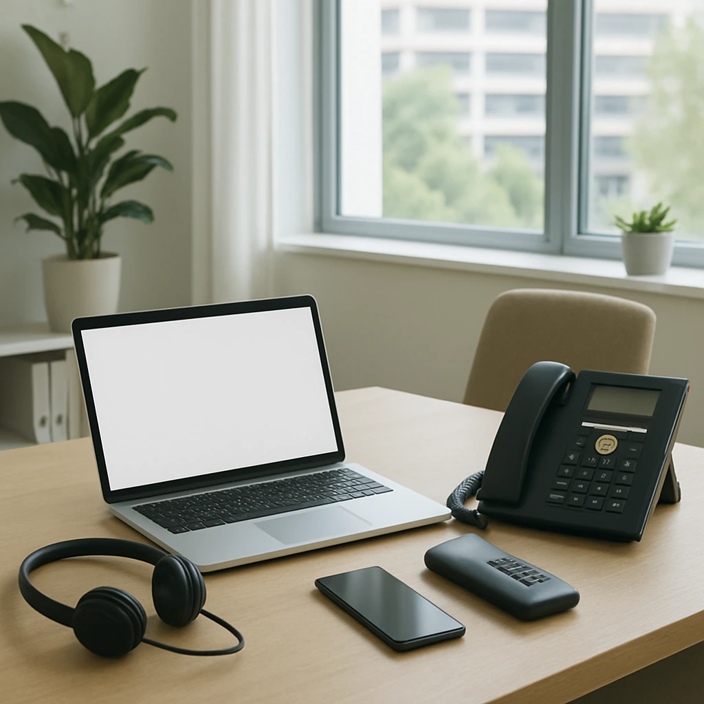 Minimalist office desk with a laptop, landline phone, headset, and smartphone, representing the structured and professional nature of London escort agencies and agency escort communication.
