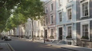 The image depicts elegant Georgian townhouses with pastel facades and wrought iron railings lining a tree shaded street in Chelsea, a desirable neighbourhood in central London known for its rich history and proximity to attractions such as the Chelsea Physic Garden and the annual Chelsea Flower Show. The scene captures the old world charm and refined lifestyle that defines the area, where quiet residential streets, green spaces, and an eclectic mix of independent shops create an atmosphere often associated with Chelsea companions and discreet, high quality living.